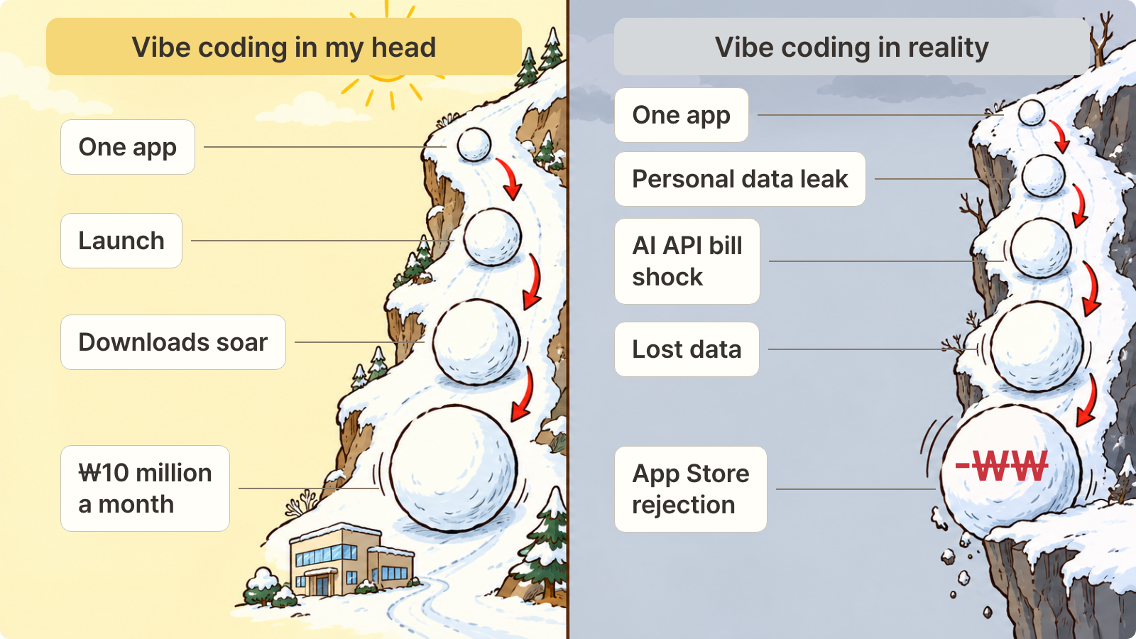 Expectations of vibe-coding success versus problems after launch