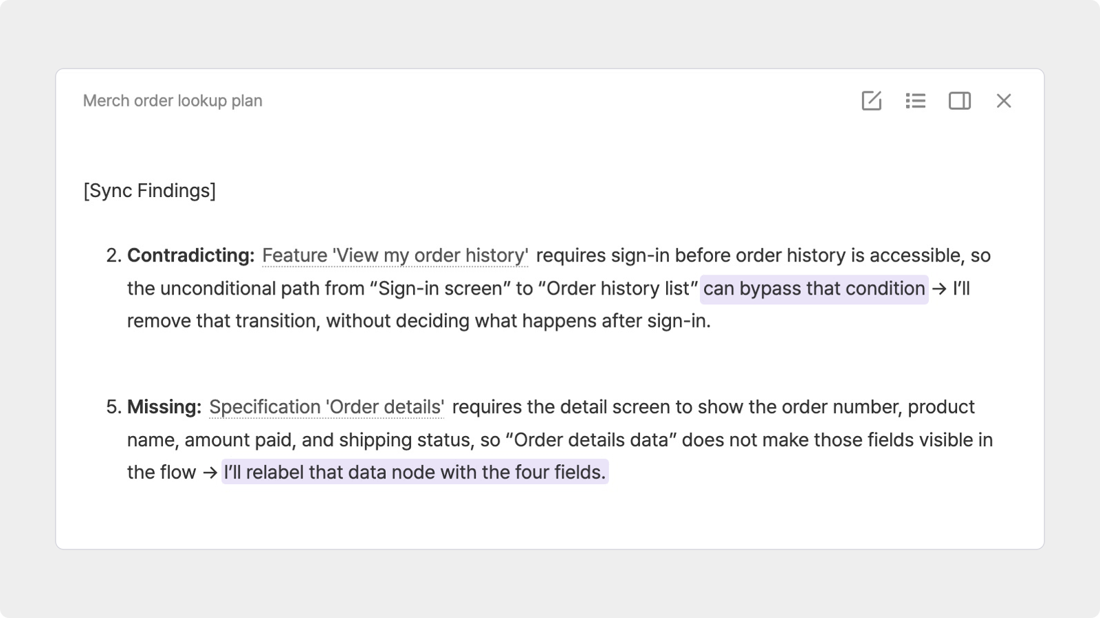 Manyfast Document Sync findings showing contradictions, missing fields and proposed corrections