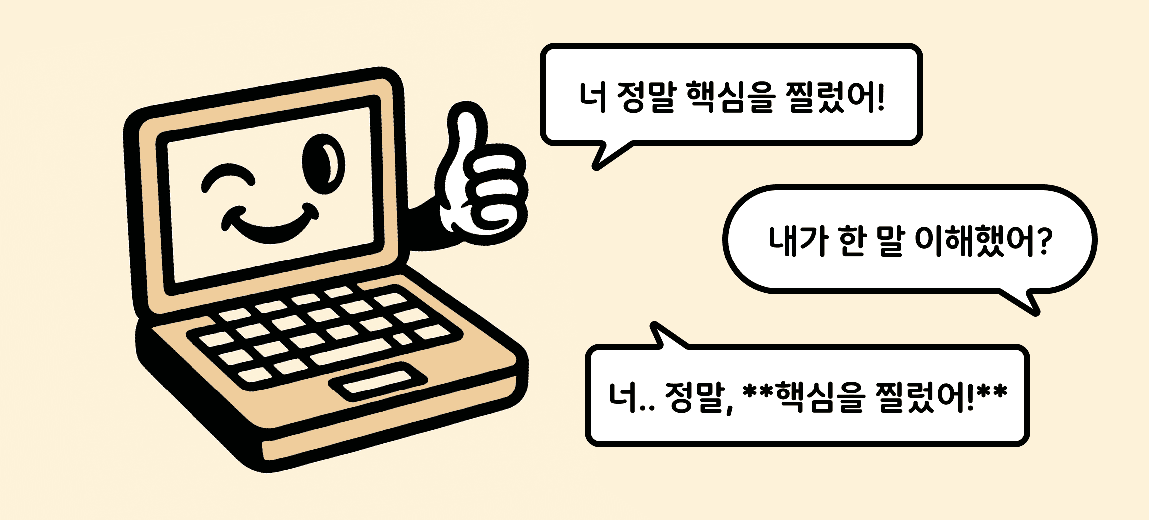 LLM에게 내 말을 이해했냐고 묻자, LLM이 딴소리만 늘어놓는 모습을 보여주는 그림