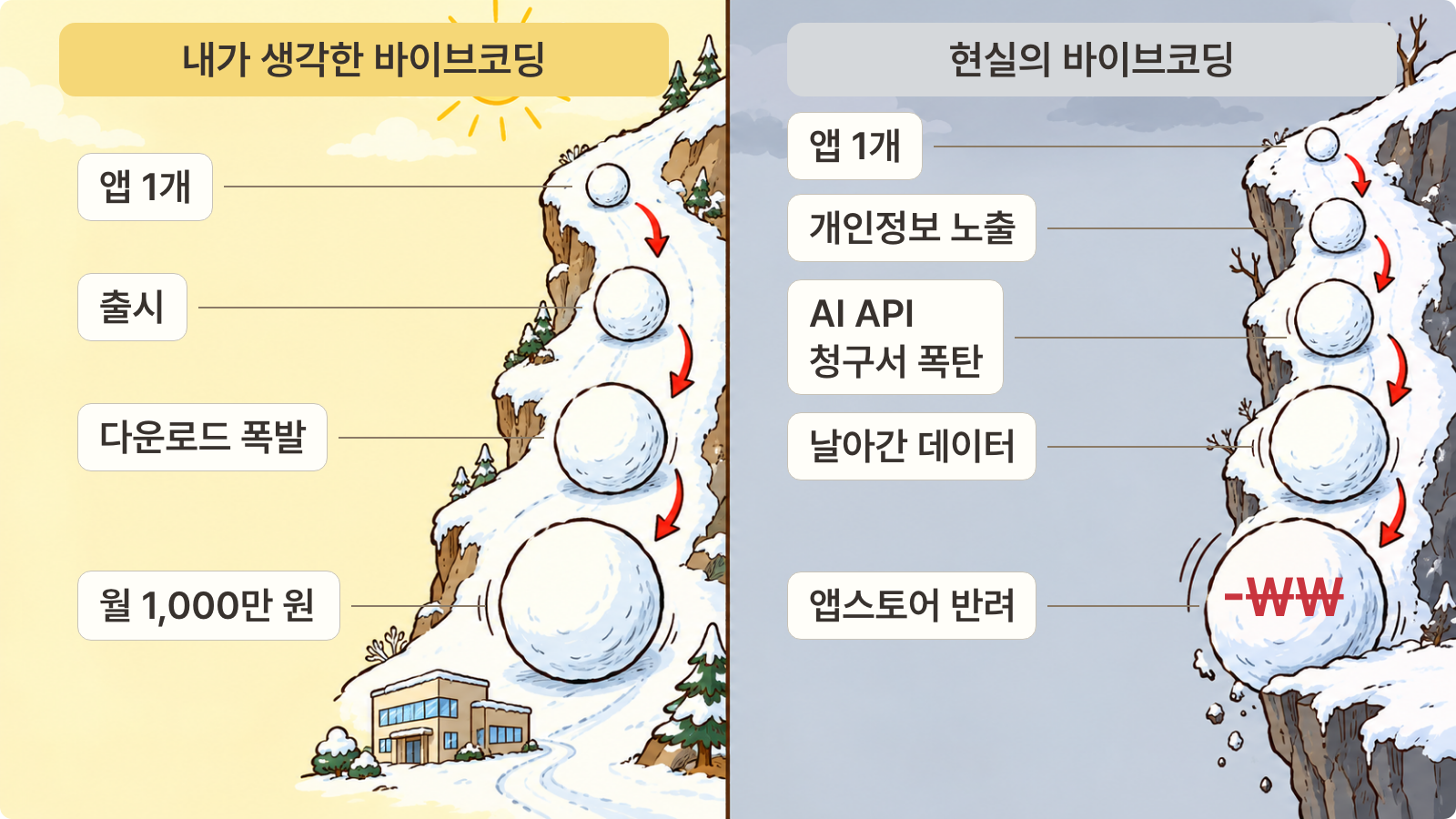 내가 생각한 바이브 코딩의 성공과 실제 출시 뒤의 문제를 비교한 스노우볼