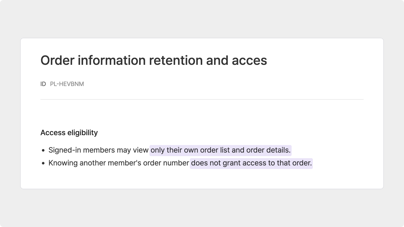 Manyfast Product Policy defining access to one’s own orders and blocking other members’ orders
