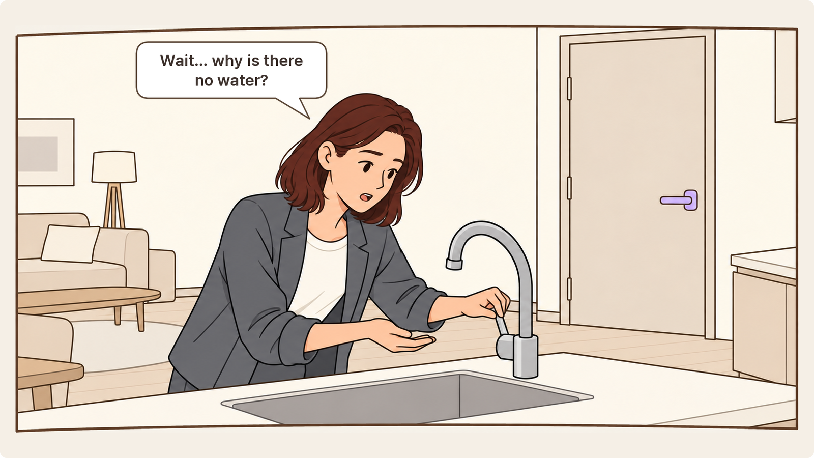 A polished model home with a dry faucet and an unfinished door lock