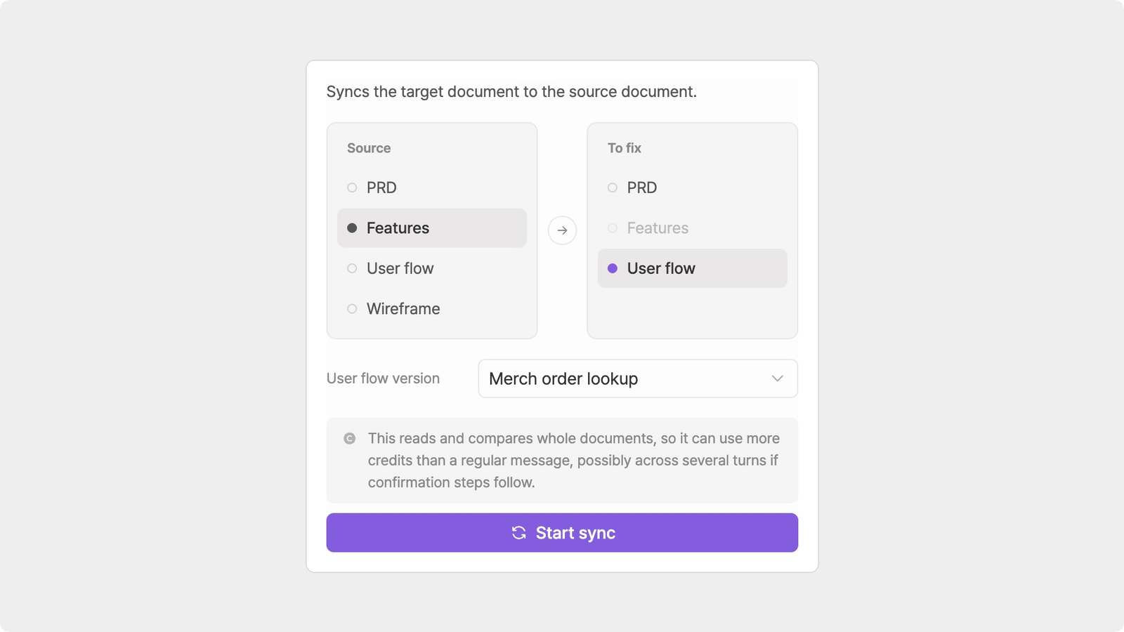 Manyfast Document Sync using Features as the source and User flow as the target
