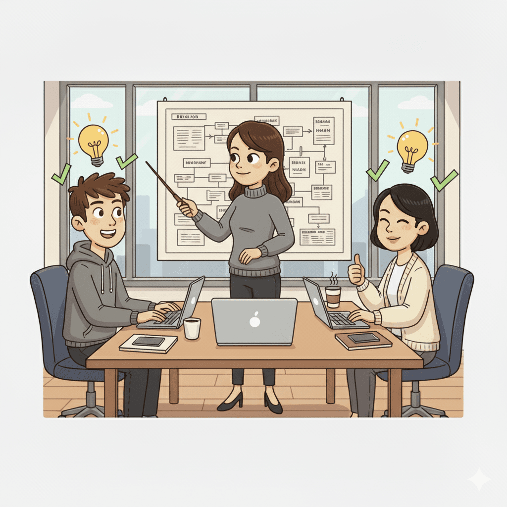 기획자가 개발자와 디자이너에게 IA(정보구조도)를 보여주며 설명하고 있다.