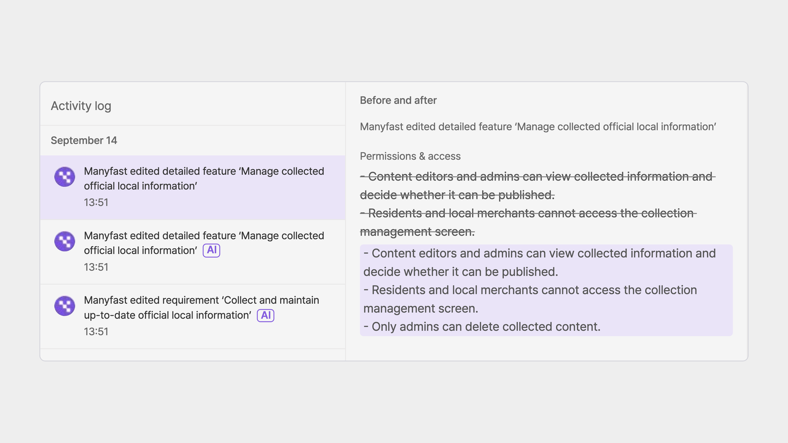 Manyfast activity log showing change history and a before-and-after comparison