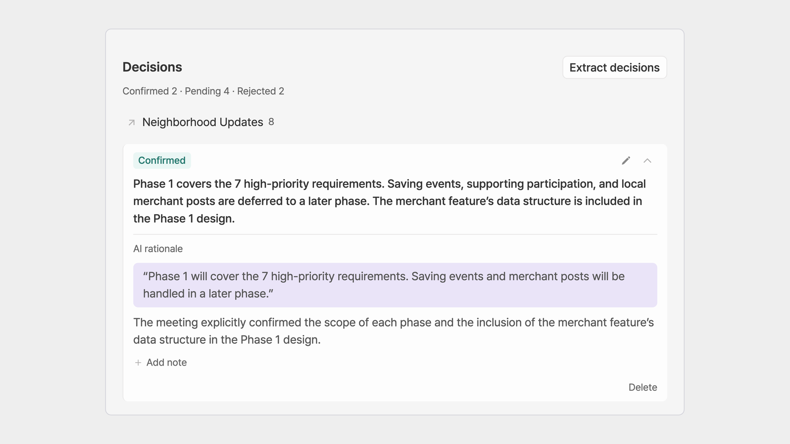 Manyfast decisions with confirmed, pending, and rejected states and original meeting evidence